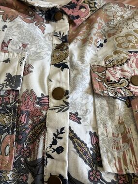 Cato Floral-Paisley Snap-Front Jean Jacket in Cream, Pink & Gray